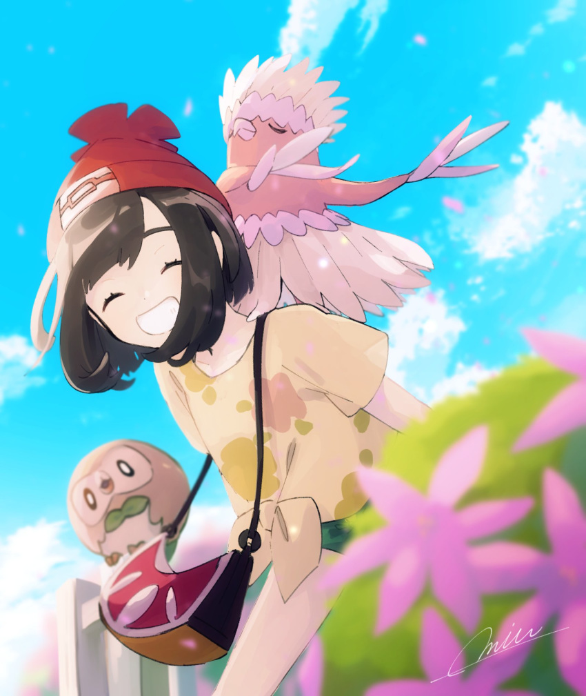 1girl :d bag bangs beanie closed_eyes cloud commentary day eyelashes floral_print gen_7_pokemon green_shorts happy hat highres leaning_forward miu_(miuuu_721) mizuki_(pokemon) open_mouth oricorio oricorio_(pa'u) outdoors pokemon pokemon_(creature) pokemon_(game) pokemon_on_back pokemon_sm red_headwear rowlet shirt short_hair short_sleeves shorts shoulder_bag signature sky smile tied_shirt