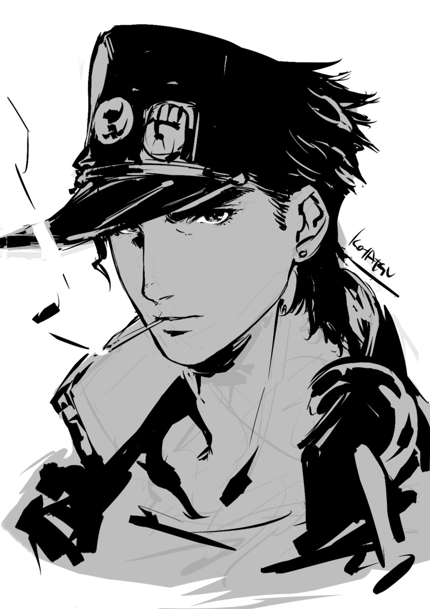 1boy chain closed_mouth coat greyscale hat highres jojo_no_kimyou_na_bouken kotatsu_(g-rough) kuujou_joutarou looking_at_viewer male_focus monochrome open_clothes open_coat peaked_cap signature simple_background sketch solo stardust_crusaders upper_body white_background