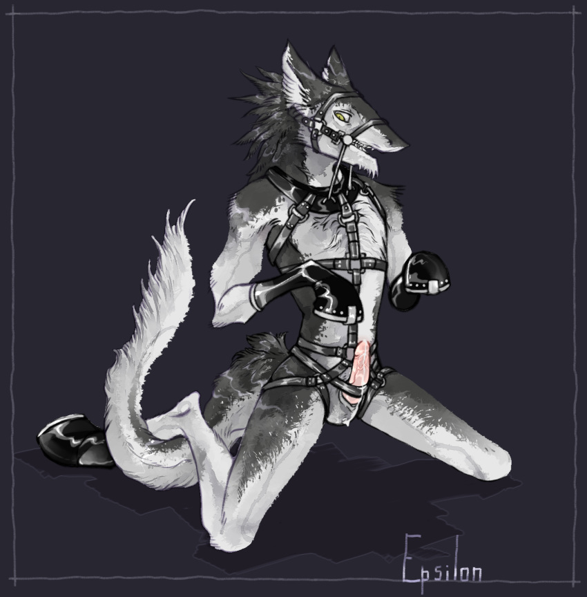 anthro bdsm bondage boots bound bridle clothing collar footwear genitals hame harness hi_res hooves kolkolukija male penis petplay ponyplay roleplay rubber sergal solo