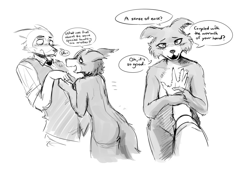 anthro beastars blush canid canine canis clothed clothed/nude clothing dialogue duo english_text female hi_res juno_(beastars) legoshi_(beastars) male male/female mammal monochrome nude text the-minuscule-task wolf