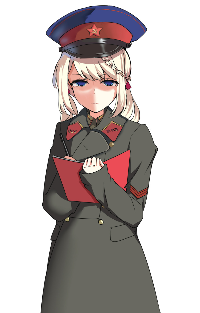 1girl blonde_hair blue_eyes girls_frontline hat highres jacket long_hair looking_at_viewer military military_hat military_jacket military_uniform nkvd pencil pk-971 ppsh-41_(girls_frontline) serious solo soviet textbook uniform white_background