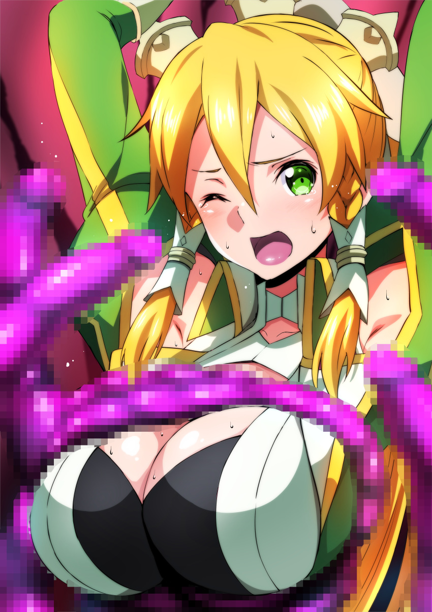 1girl absurdres airando armor arms_up blonde_hair blush braid breasts censored cleavage crying crying_with_eyes_open d; detached_sleeves green_eyes hair_between_eyes hair_ornament hair_tubes highres imminent_rape large_breasts leafa leafa_(terraria) long_hair monster mosaic_censoring multiple_penises one_eye_closed open_mouth penis penis_tentacles ponytail restrained shiny shiny_hair side_braids solo sweat sweatdrop sword_art_online sword_art_online:_alicization teardrop tears tentacles twin_braids very_long_hair