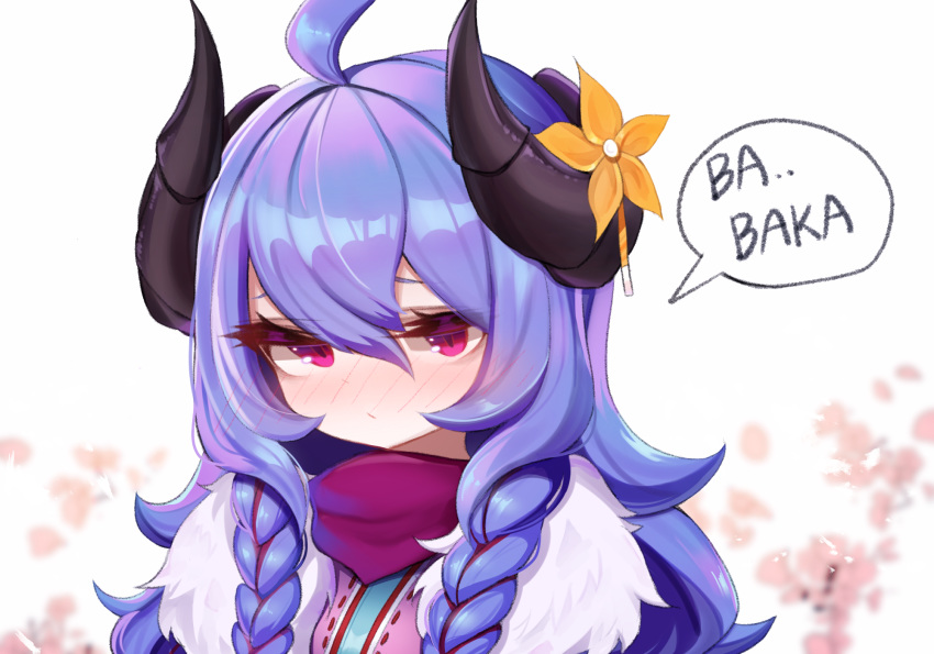 ... 1girl ahoge alternate_costume alternate_eye_color alternate_hair_color alternate_hairstyle blue_hair blush curled_horns embarrassed flower full-face_blush hair_between_eyes hair_blush hair_flower hair_ornament highres horns kindred lamb_(league_of_legends) league_of_legends long_hair looking_at_viewer ohpe purple_hair red_eyes ribbon solo speech_bubble spirit_blossom_kindred tsundere twintails white_fur