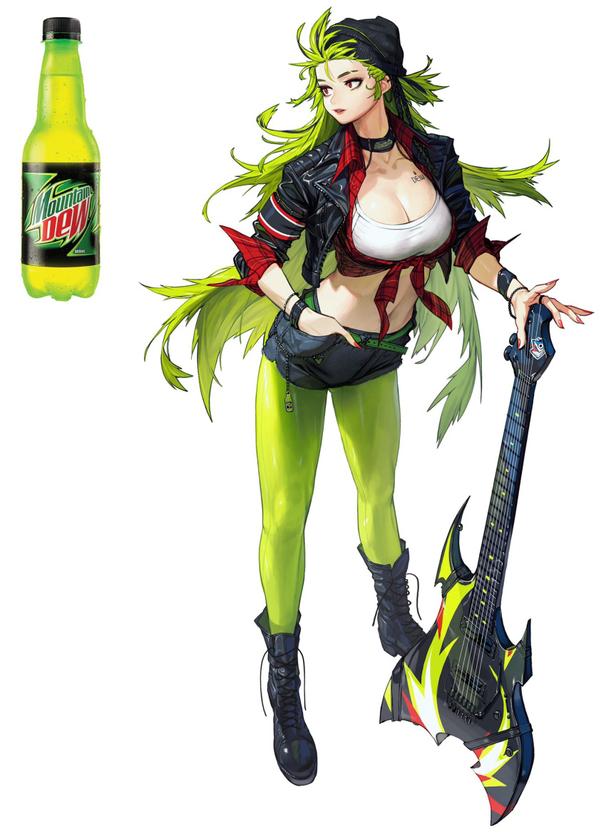 1girl armband beanie belt black_choker black_footwear black_headwear bracelet breasts chain choker cleavage fingernails green_belt green_hair green_legwear green_theme guitar hand_in_pocket hat highres holding instrument jewelry long_fingernails long_hair mountain_dew navel original parted_lips personification photo-referenced pink_lips plaid red_eyes red_nails rinotuna sharp_fingernails simple_background sleeves_rolled_up solo tattoo white_background