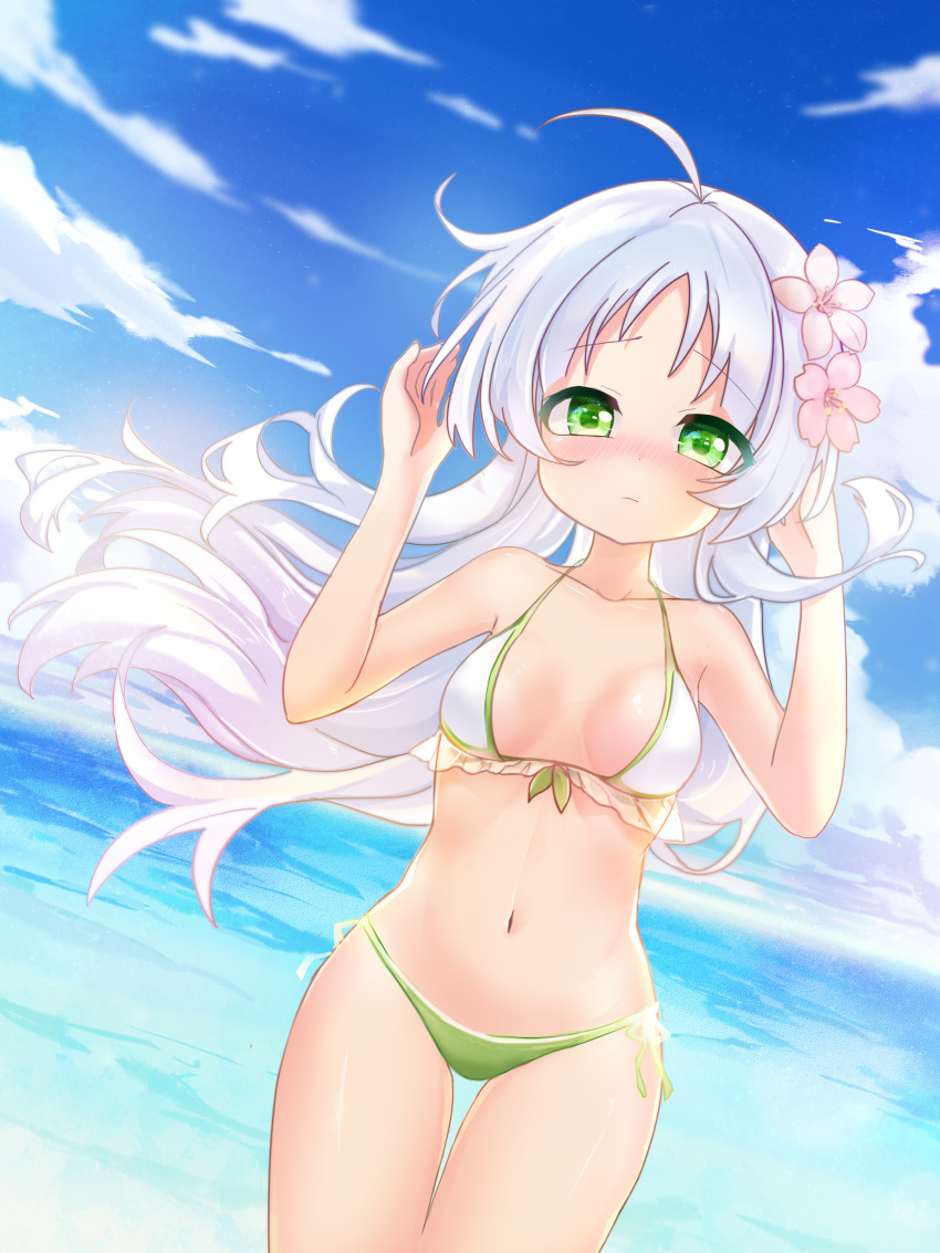 1girl absurdres ahoge bare_arms bare_shoulders bikini blue_sky blush breasts closed_mouth cloud cloudy_sky collarbone commentary_request copyright_request day dutch_angle floating_hair flower front-tie_bikini front-tie_top green_bikini green_eyes hair_flower hair_ornament hands_up highres horizon huge_filesize kiri_sakura long_hair mismatched_bikini navel nose_blush ocean outdoors pink_flower side-tie_bikini silver_hair sky small_breasts solo swimsuit thigh_gap very_long_hair virtual_youtuber water white_bikini