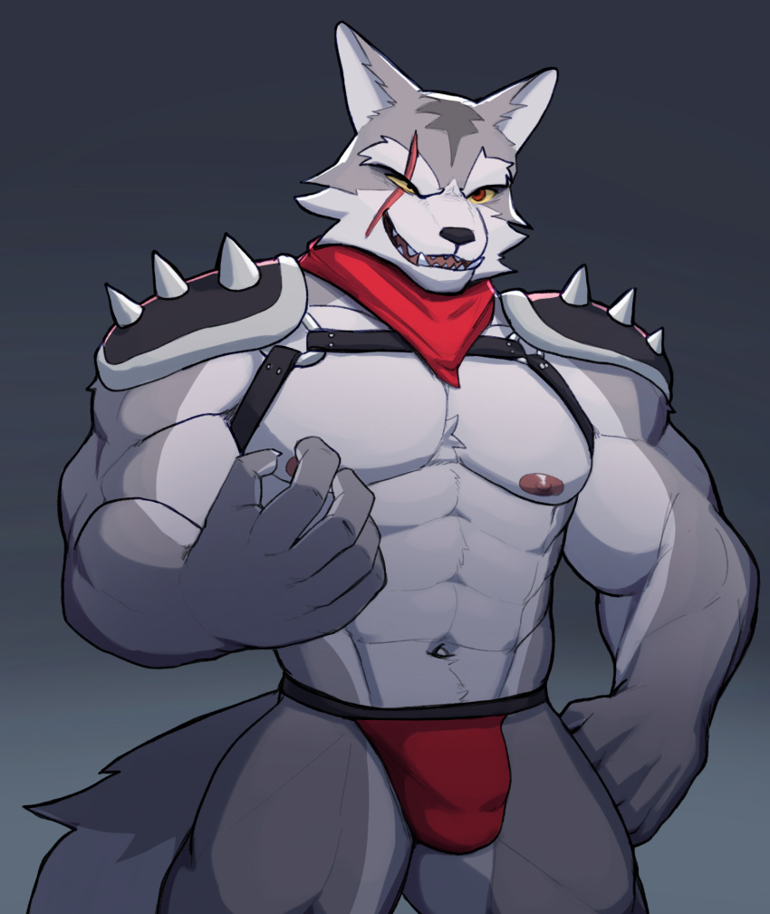 2020 abs anthro bandanna biceps bulge canid canine canis clothed clothing digital_media_(artwork) eyewear fur grey_body hi_res jrjresq male mammal muscular muscular_anthro muscular_male navel nintendo nipples open_mouth pecs red_eyes scar sharp_teeth simple_background skimpy smile solo spikes standing star_fox teeth underwear video_games wolf wolf_o'donnell yellow_sclera