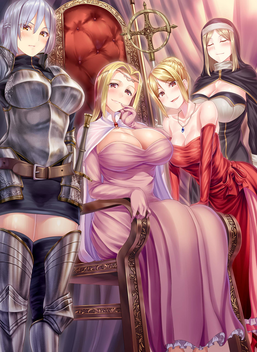 4girls :d absurdres armor bangs belt black_legwear blonde_hair blush braid breasts cape circlet cleavage closed_mouth dress elbow_gloves gauntlets gloves greaves habit highres isekai_harem_monogatari jewelry knight large_breasts leonora_ofallon long_hair looking_at_viewer marie_franziska_leeds_de_rechebourg medium_breasts multiple_girls necklace novel_illustration nun official_art open_mouth pink_dress pink_gloves red_dress red_eyes red_gloves short_hair shoulder_armor sidelocks silver_hair sitting smile sophie_elisabeth_irail sword tachibana_omina thighhighs tianne_rutheim weapon