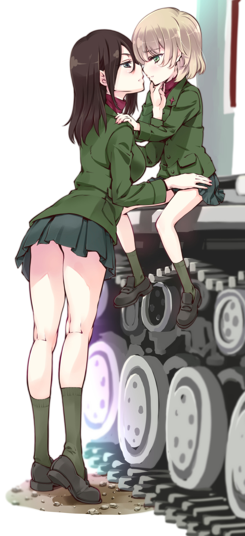 2girls absurdres bangs black_footwear blonde_hair blush brown_hair commentary_request eye_contact eyelashes girls_und_panzer green_eyes green_legwear green_skirt hand_on_another's_shoulder highres katyusha_(girls_und_panzer) long_hair looking_at_another multiple_girls nonna_(girls_und_panzer) pleated_skirt shoes short_hair skirt socks standing suzuki24 yuri