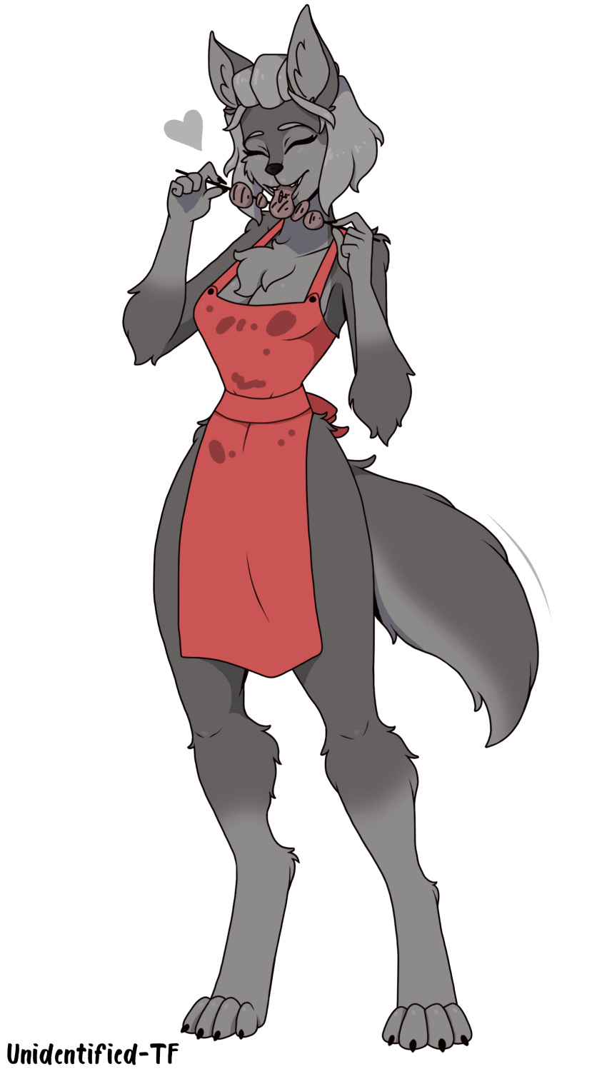 &lt;3 absurd_res alternate_species anthro apron apron_only breasts canid canine canis chest_tuft clothing digitigrade eating female food fur grey_body grey_fur grey_hair hair hi_res mammal mostly_nude open_mouth simple_background smile solo standing tuft unidentified-tf white_background wolf