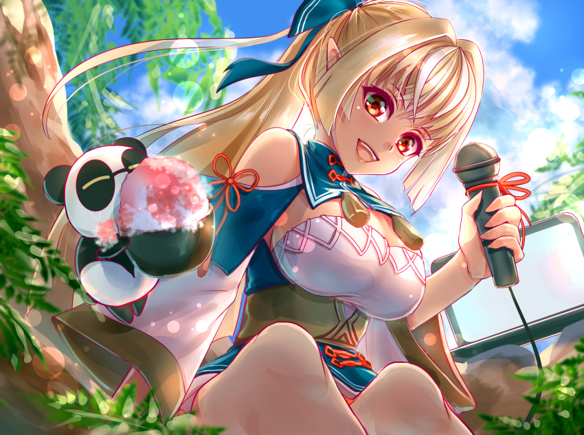 1girl absurdres bare_shoulders blonde_hair blue_sky breasts cleavage_cutout computer dark_skin elf highres holding holding_microphone hololive kintsuba_(flare_channel) laptop long_hair long_ponytail looking_at_viewer microphone open_mouth outdoors pointy_ears shigemu_room shiranui_flare sky upper_teeth virtual_youtuber