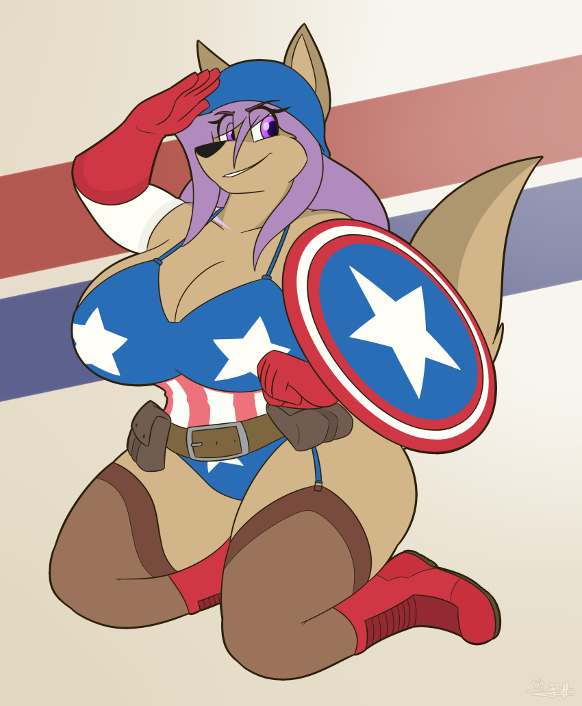 absurd_res anthro breasts canid canine canis captain_america_(marvel) cleavage clothed clothing cosplay female feonna_starglaze hi_res mammal shield solo theroflcoptr wolf