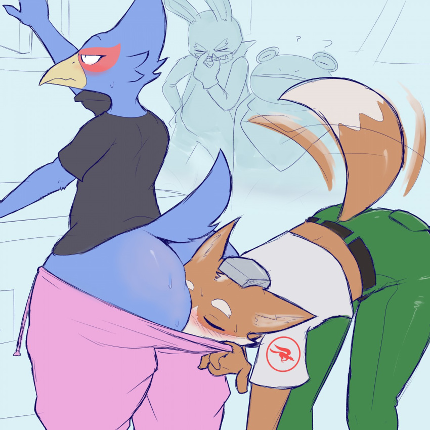 1:1 2020 amphibian anthro assisted_exposure avian big_butt blue_body blue_feathers blush bodily_fluids butt canid canine clothed clothing eyes_closed face_in_ass falco_lombardi fawxythings feathers fox fox_mccloud frog fur hi_res huge_butt lagomorph leporid male male/male mammal meme nintendo pants_down partially_clothed peppy_hare rabbit red_body red_feathers slippy_toad star_fox sweat tailwag tan_body tan_fur thick_thighs toad_(frog) video_games white_body white_fur wide_hips
