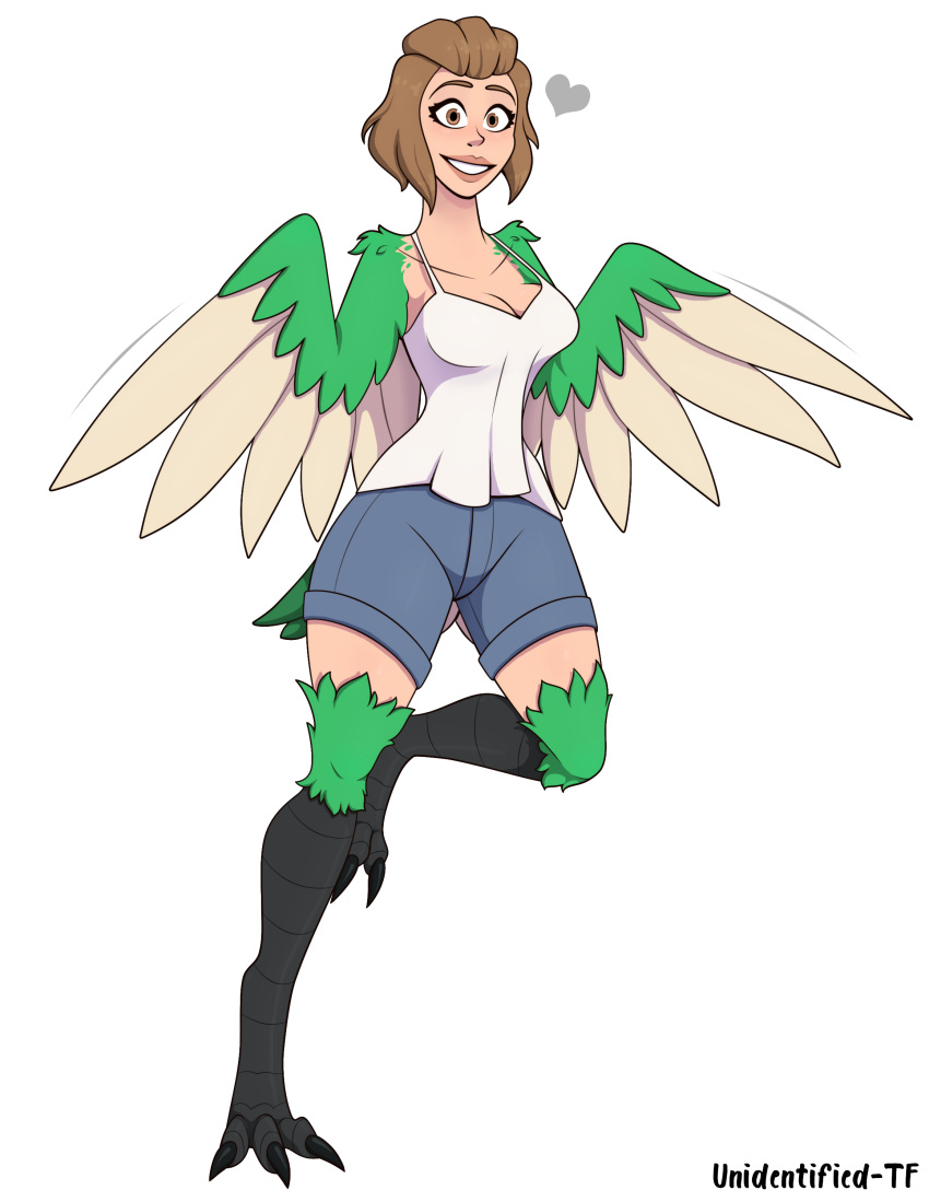 &lt;3 2020 absurd_res alternate_species avian bottomwear breasts brown_hair clothing european_mythology feathered_wings feathers female greek_mythology green_body green_feathers hair harpy hi_res looking_at_viewer mythological_avian mythology on_one_leg short_hair shorts simple_background smile solo standing talons unidentified-tf white_background wings