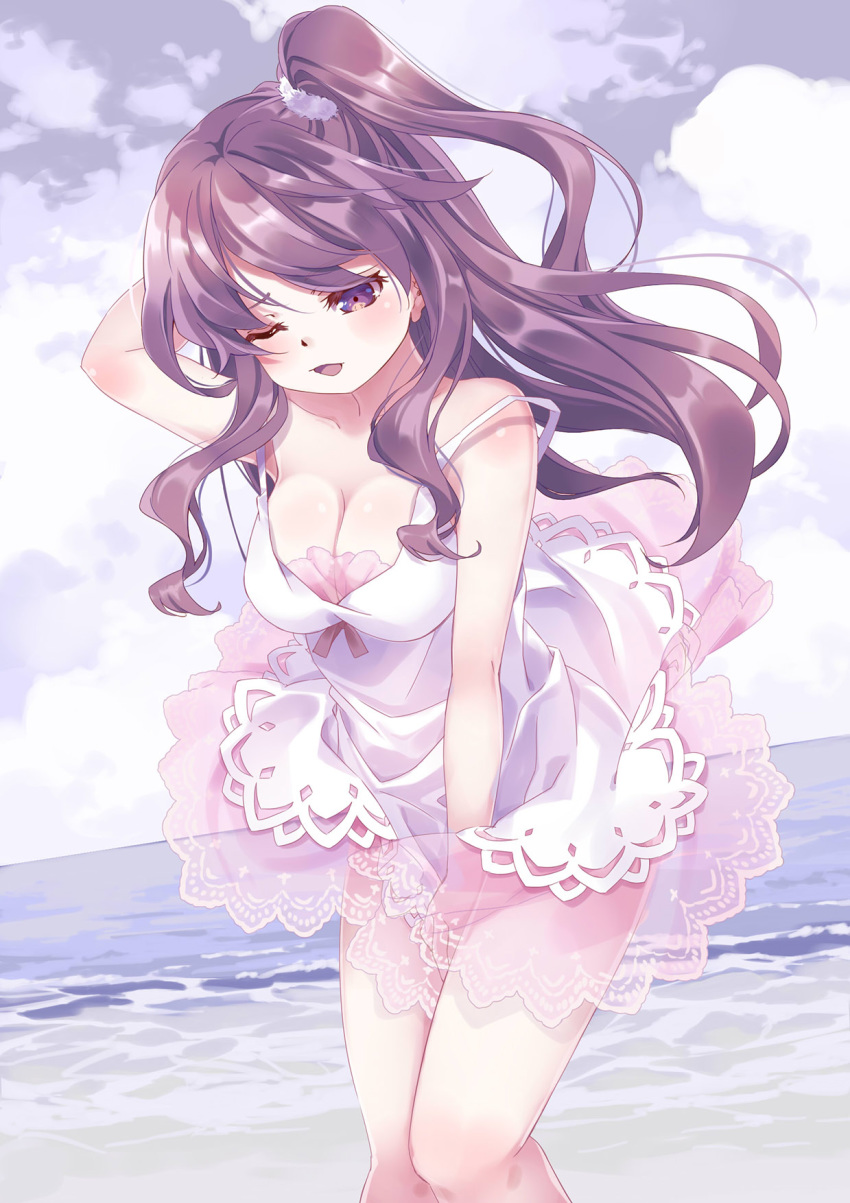 1girl 54hao arm_up bangs bare_arms bare_shoulders breasts brown_hair cleavage cloud cloudy_sky commentary_request covering covering_crotch day dress feet_out_of_frame hand_behind_head highres horizon long_hair medium_breasts ocean one_eye_closed open_mouth original outdoors purple_eyes side_ponytail sky sleeveless sleeveless_dress solo standing strapless strapless_dress very_long_hair water white_dress