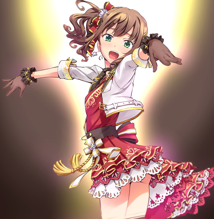 1girl absurdres bangs blush brown_hair commentary_request cropped_jacket earrings gloves green_eyes hair_ribbon hands_up highres idolmaster idolmaster_cinderella_girls jacket jewelry looking_at_viewer open_mouth outstretched_arms ribbon shibuya_rin solo star_(symbol) star_earrings suzuki24 teeth tongue upper_teeth white_jacket