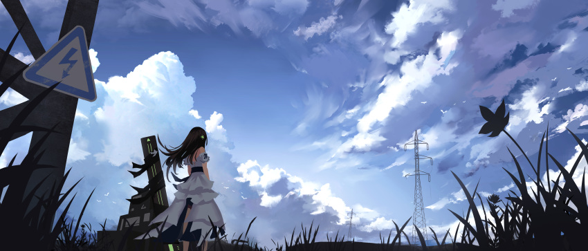 absurdres bare_arms bare_back bare_shoulders black_hair blue_sky box cloud cloudy_sky commentary_request crate day dress dress_bow field flower frilled_dress frilled_sleeves frills from_below from_ground girls_frontline grass green_headwear hands_together headphones high_voltage_symbol highres landscape long_hair looking_away m4a1_(girls_frontline) partial_commentary plant power_lines ribbed_dress scenery sign sky strapless strapless_dress sunlight tagme utility_pole waistband warning_sign weapon_case white_dress wjn-rance