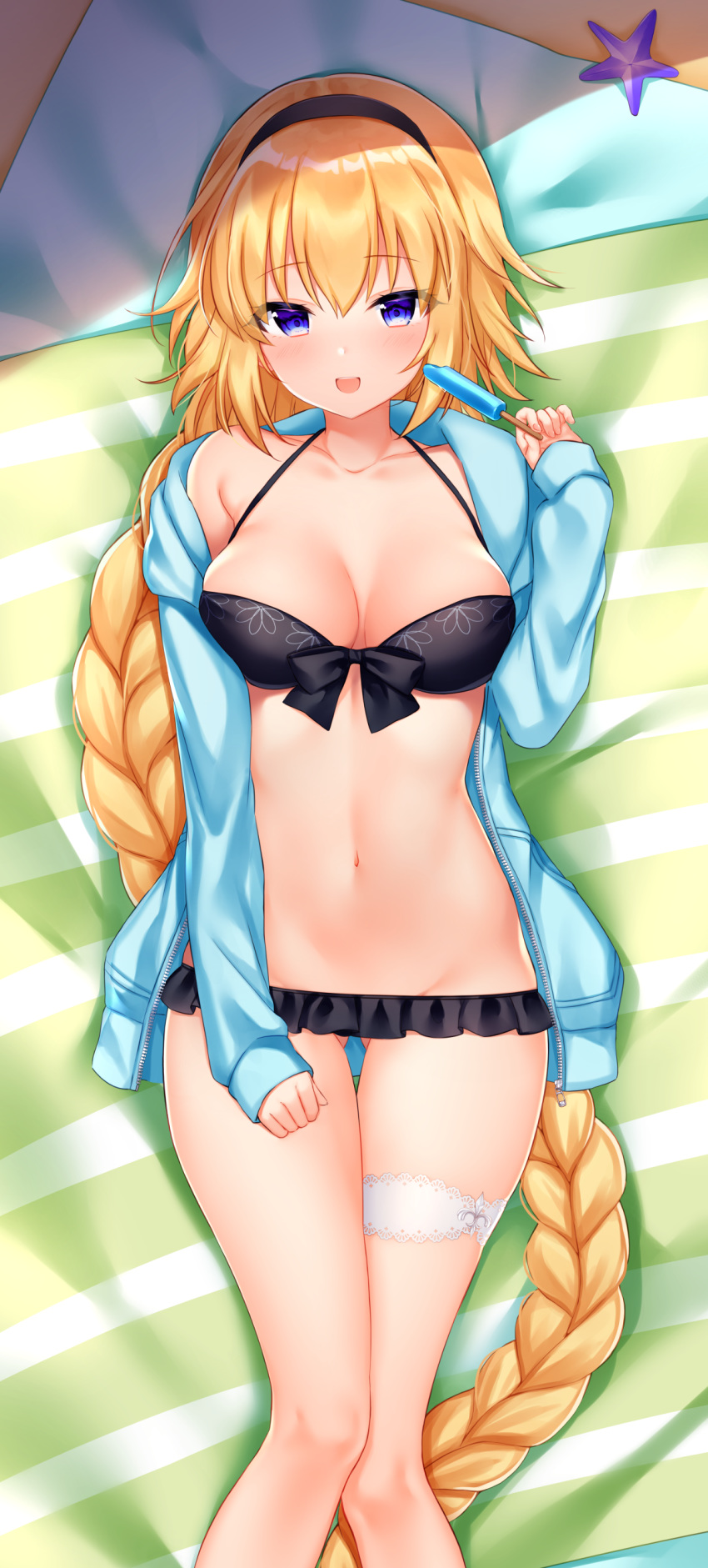 1girl absurdres beach_mat bikini black_bikini blonde_hair blue_eyes blue_jacket braid breasts cleavage collarbone fate/grand_order fate_(series) feet_out_of_frame food frilled_bikini frills front-tie_bikini front-tie_top groin hairband halterneck hand_up highres holding jacket jeanne_d'arc_(fate)_(all) jeanne_d'arc_(swimsuit_archer) large_breasts leg_garter long_hair long_sleeves looking_at_viewer lying navel on_back open_clothes open_jacket open_mouth popsicle shouu-kun single_braid smile solo starfish stomach string_bikini swimsuit thigh_gap thighs very_long_hair