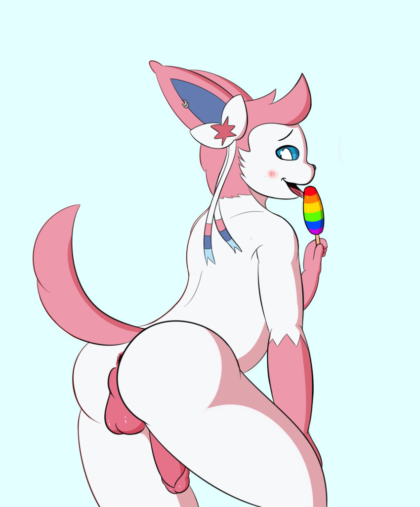 2020 accessory anthro anus backsack balls blue_background blue_sclera blush butt dabelette eeveelution erection fan_character food fur genitals girly hair_accessory hair_bow hair_ribbon hand_on_leg hi_res humanoid_genitalia lgbt_pride licking licking_popsicle looking_at_viewer looking_back male multicolored_body multicolored_fur nintendo nude open_mouth penis pink_body pink_fur pok&eacute;mon pok&eacute;mon_(species) popsicle presenting presenting_hindquarters pride_colors rainbow_popsicle raised_tail rear_view ribbons simple_background solo sylveon tag_(brahkest) tongue tongue_out two_tone_body two_tone_fur video_games white_body white_eyes white_fur