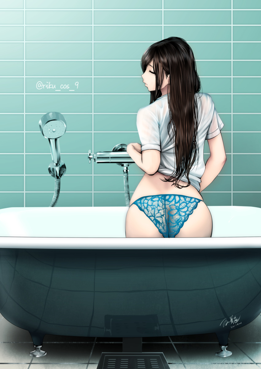 1girl ass bangs bath bathroom bathtub black_hair blue_panties butt_crack closed_eyes dated from_behind highres indoors kneeling lace lace_panties lifted_by_self long_hair panties parted_lips real_life reference_work reflection shirt shirt_lift shower_head sidelocks skindentation solo souryu tile_floor tiles underwear wet wet_clothes wet_shirt white_shirt