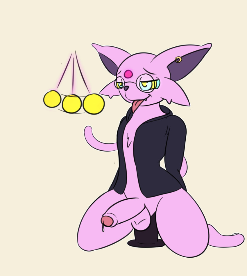 2020 alternate_species anal anal_penetration anthro balls bodily_fluids bottomless clothed clothing cute_fangs dabelette dabelette_(character) dildo dildo_sitting ear_piercing ear_ring eeveelution erection espeon eyewear front_view fur genital_fluids genitals girly glasses hi_res humanoid_genitalia humanoid_penis hypnosis kneeling looking_pleasured male mind_control nintendo pendulum penetration penis piercing pok&eacute;mon pok&eacute;mon_(species) precum purple_body purple_fur ringed_eyes self_hypnosis sex_toy simple_background solo sweater tan_background tongue tongue_out topwear video_games