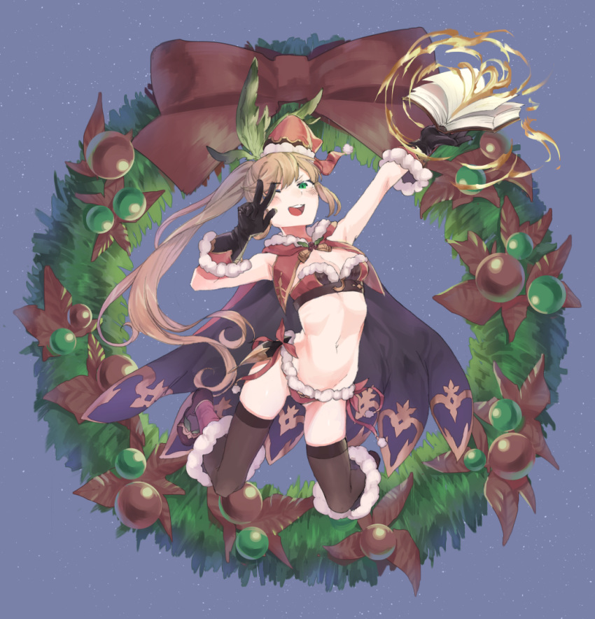 1girl black_gloves black_legwear breasts capelet christmas clarisse_(granblue_fantasy) cloak gloves granblue_fantasy green_eyes hat long_hair looking_at_viewer navel one_eye_closed open_mouth ponytail smile solo sunao_(souis) thighhighs