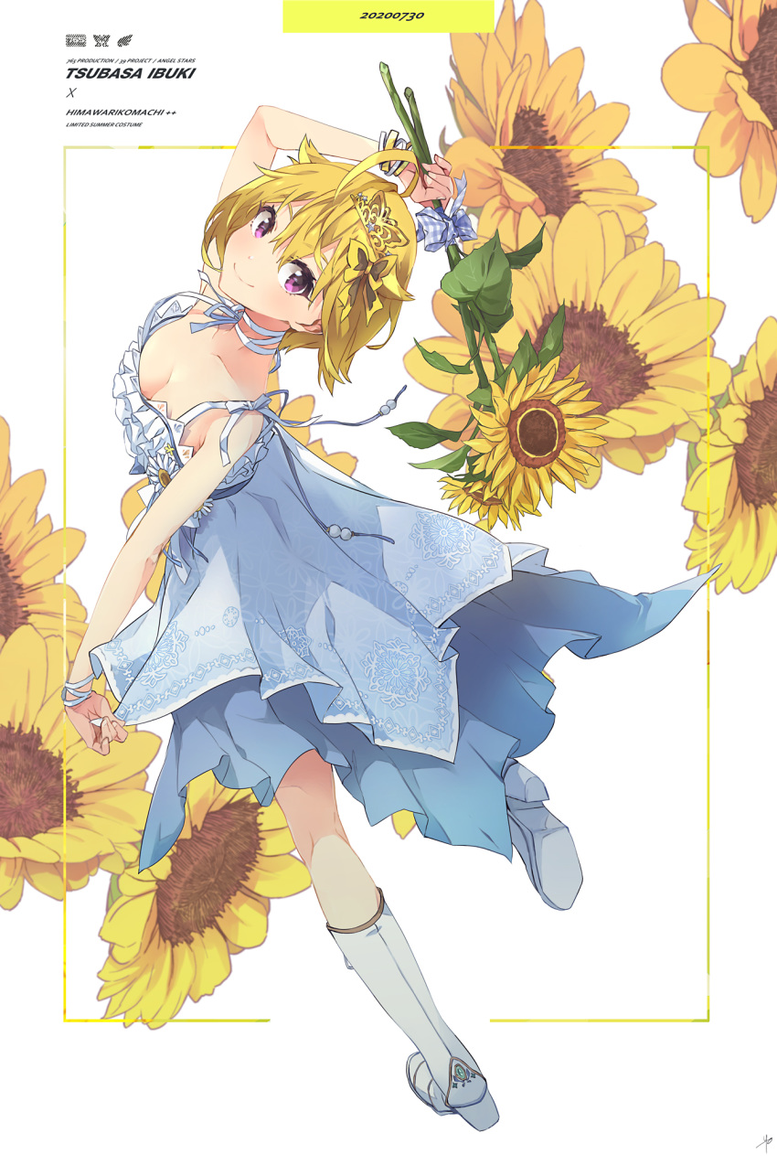 1girl ahoge bangs bare_shoulders blonde_hair blush boots bow breasts character_name choker cleavage closed_mouth collarbone dated dress flower from_behind full_body hair_between_eyes hair_bow hair_ornament high_heel_boots high_heels highres holding holding_flower ibuki_tsubasa idolmaster idolmaster_million_live! idolmaster_million_live!_theater_days looking_at_viewer medium_breasts short_hair simple_background smile solo standing standing_on_one_leg sunflower white_background white_choker white_dress white_footwear yellow_bow yellow_flower yoshito