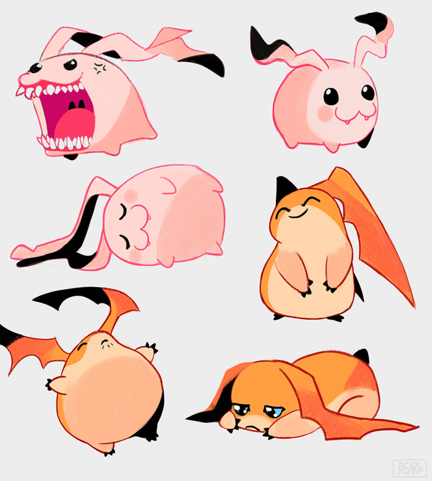 angry antennae_(anatomy) bat_wings black_eyes blue_eyes blush cute_fangs digimon digimon_(species) eyes_closed fangs hi_res lying membrane_(anatomy) membranous_wings musethe open_mouth orange_body patamon pink_body sharp_teeth sleeping standing teeth toes tokomon tongue uvula wings