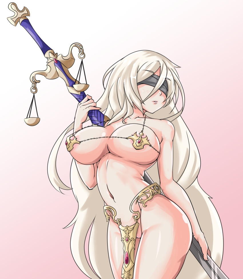 1girl absurdres areola_slip areolae armor bikini bikini_armor black_blindfold blindfold blush breasts covered_eyes goblin_slayer! highres huge_weapon konaloid large_breasts long_hair micro_bikini pelvic_curtain pussy pussy_peek silver_hair solo standing strap_gap swimsuit sword sword_behind_back sword_maiden thighs very_long_hair weapon zweihander