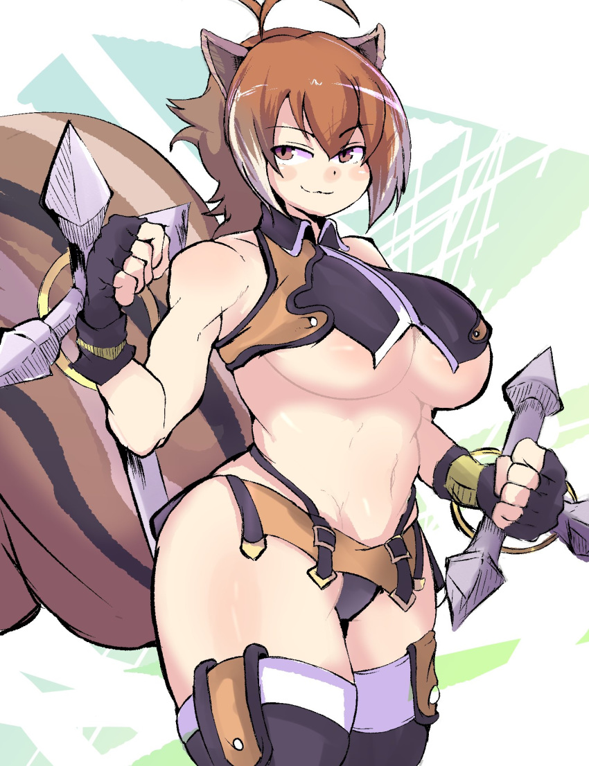 1girl animal_ears antenna_hair black_gloves black_legwear black_panties blazblue blush_stickers breasts brown_hair clenched_hands crop_top dual_wielding fingerless_gloves gloves highleg highleg_panties highres holding large_breasts large_tail makoto_nanaya microskirt multicolored_hair navel orange_skirt panties pantyshot revealing_clothes skirt sleeveless solo squirrel_ears squirrel_girl squirrel_tail stomach tail thick_thighs thighhighs thighs tomozawa_mamoru tonfa two-tone_hair underboob underwear weapon