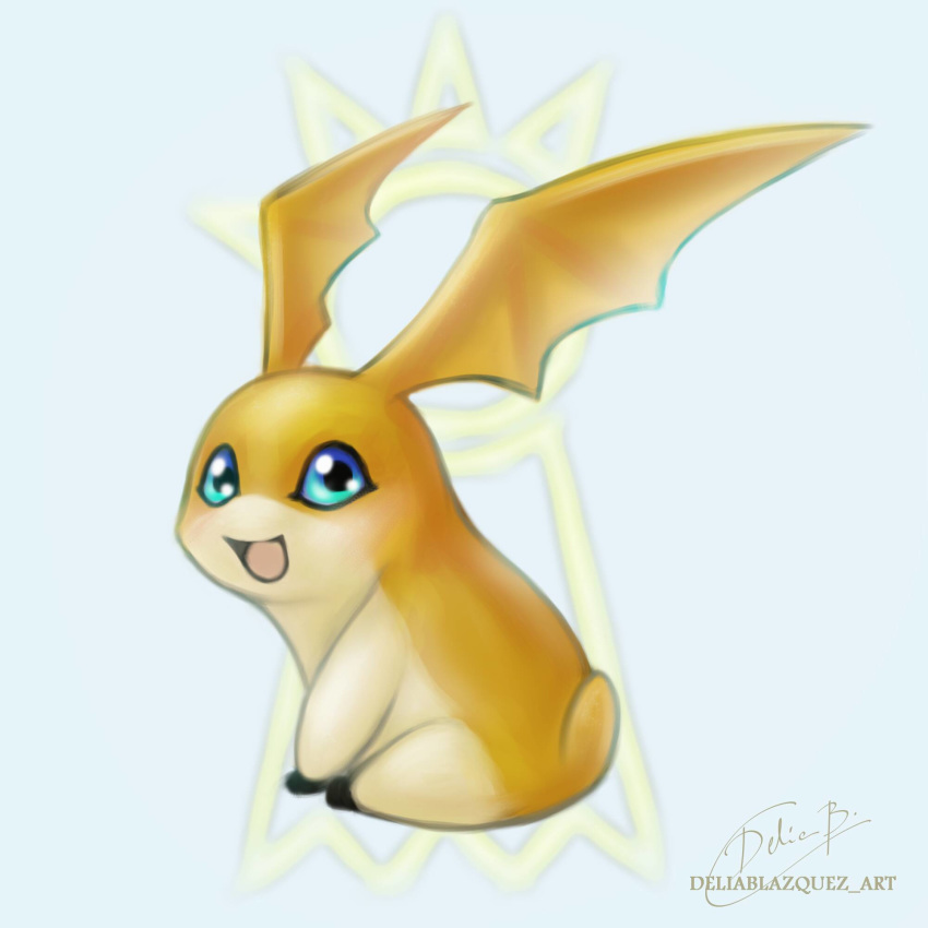 1:1 2020 bat_wings blue_eyes blue_sclera crest_of_hope deliablazquez digimon digimon_(species) digimon_crest feral happy head_wings hi_res membrane_(anatomy) membranous_wings multicolored_body open_mouth patamon signature sitting small_tail symbol tan_body wings