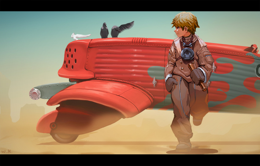 1boy bird blonde_hair blue_sky brown_gloves brown_jacket brown_pants car character_request closed_mouth day double-breasted gloves ground_vehicle holding jacket last_exile letterboxed motor_vehicle outdoors pants sand signature sky smile solo walking waterkuma