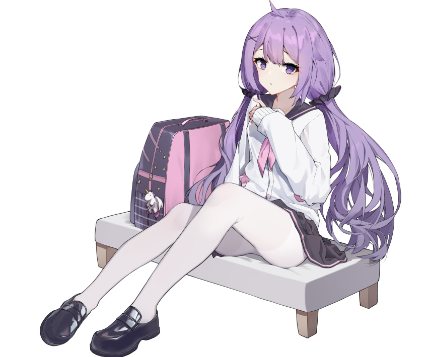 1girl absurdres ahoge azur_lane backpack bag bag_charm bench black_footwear black_sailor_collar black_scrunchie black_skirt cardigan charm_(object) commentary_request full_body hair_ornament hair_scrunchie highres kuo_(kuo114514) loafers long_hair long_sleeves looking_at_viewer low_twintails neckerchief on_bench pantyhose pink_neckwear pleated_skirt purple_eyes purple_hair sailor_collar school_uniform scrunchie serafuku shoes simple_background sitting skirt sleeves_past_wrists solo stuffed_alicorn stuffed_animal stuffed_toy twintails unicorn_(azur_lane) unicorn_(spring's_present)_(azur_lane) very_long_hair white_background white_cardigan white_legwear x_hair_ornament