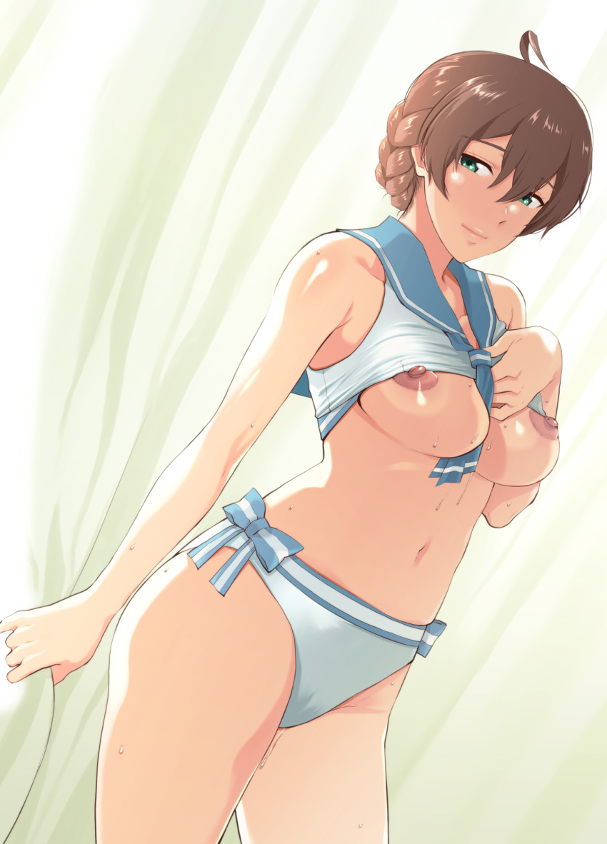1girl ahoge bare_arms bare_shoulders between_breasts bikini bikini_lift blue_neckwear blue_sailor_collar braid breasts breasts_outside brown_hair closed_mouth cowboy_shot curtains dutch_angle eyebrows_visible_through_hair green_eyes hair_between_eyes hand_up highres humiyou idolmaster idolmaster_million_live! idolmaster_million_live!_theater_days indoors lifted_by_self light_smile looking_at_viewer looking_to_the_side lying medium_breasts navel neckerchief neckwear_between_breasts nipples on_back perky_breasts sailor_bikini sailor_collar sailor_swimsuit_(idolmaster) sakuramori_kaori shiny shiny_hair short_hair side-tie_bikini solo standing stomach striped striped_bikini sweat swimsuit tied_hair white_bikini