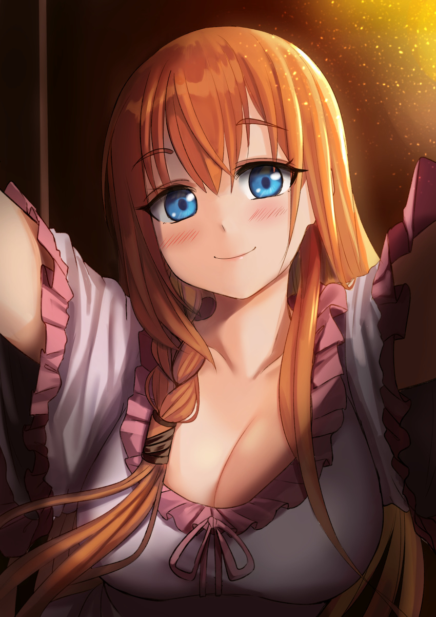 1girl absurdres blue_eyes blush braid breasts cleavage collarbone dress dvdraw eyebrows_visible_through_hair head_tilt highres huge_breasts incoming_hug long_hair orange_hair pecorine princess_connect! princess_connect!_re:dive side_braid smile solo upper_body very_long_hair white_dress