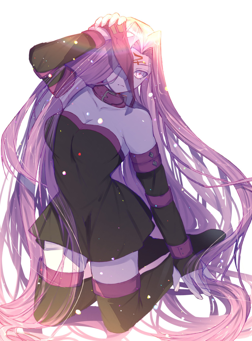 1girl absurdres black_dress black_footwear black_sleeves blindfold blindfold_removed boots collar creat detached_sleeves dress facial_mark fate/stay_night fate_(series) forehead_mark highres holding_blindfold long_hair long_sleeves one_eye_closed purple_collar purple_hair rider short_dress sleeveless sleeveless_dress solo square_pupils thigh_boots thighhighs very_long_hair