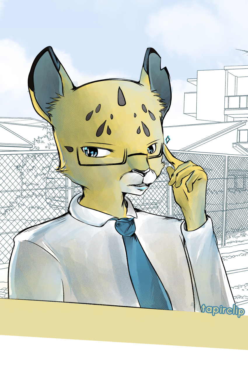 2020 5_fingers absurd_res aggressive_retsuko anthro black_nose cheek_tuft clothed clothing detailed_background digital_media_(artwork) dipstick_ears dress_shirt english_text eyewear facial_tuft felid fingers fur glasses glistening glistening_eyes hi_res hyoudou inner_ear_fluff kemono leopard male mammal multicolored_body multicolored_ears necktie notched_ear open_mouth outside pantherine sanrio shirt solo sparkles spots spotted_body spotted_face spotted_fur standing tapirclip text topwear tuft