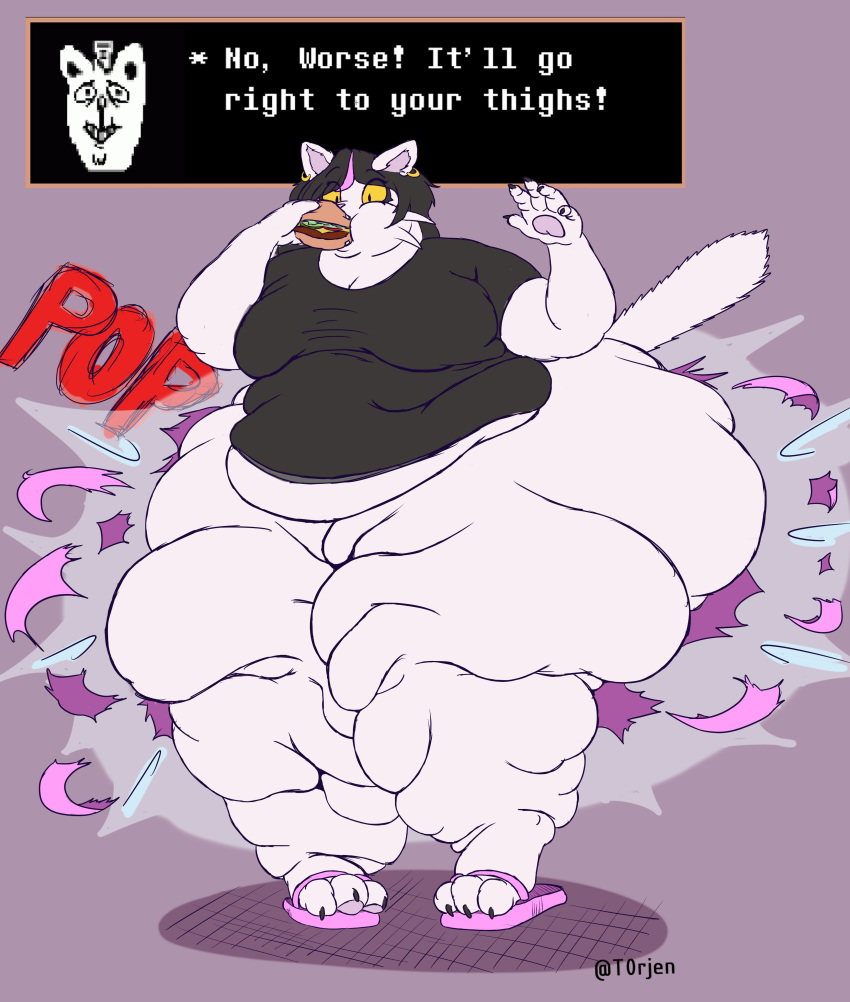 absurd_res ambiguous_gender anthro belly big_belly big_breasts black_hair bottomless bottomwear breasts burger burgerpants butt_expansion catti_(deltarune) claws cleavage clothed clothing deltarune dialogue dialogue_box domestic_cat ear_piercing ear_ring eating english_text expansion felid feline felis female female_focus food footwear front_view fur grin hair hi_res highlights_(coloring) huge_hips huge_thighs love_handles male_(lore) mammal morbidly_obese morbidly_obese_female obese obese_female overweight overweight_female pants pawpads piercing pigeon_toed pink_highlights sandals shirt short_hair simple_background smile solo_focus standing surprise text thick_thighs thigh_expansion tight_clothing tight_shirt tight_topwear topwear torjen torn_bottomwear torn_clothing torn_pants undertale video_games wardrobe_malfunction weight_gain whiskers white_body white_fur wide_eyed wide_hips yellow_sclera