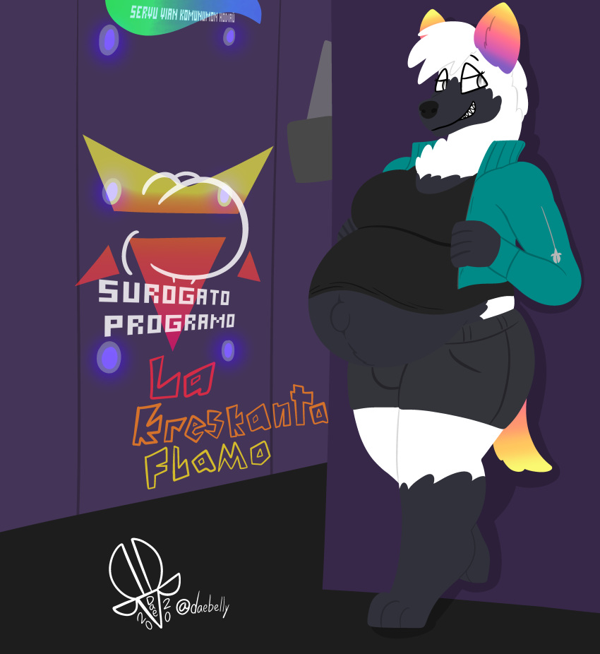 absurd_res anthro belly big_belly city city_background constructed_language cyberpunk dae_(daebelly) daebelly digital_media_(artwork) digitigrade esperanto_text female graffiti hi_res hologram hyaenid leaning leaning_back leaning_on_wall looking_at_viewer mammal pregnant pregnant_belly smile smiling_at_viewer solo