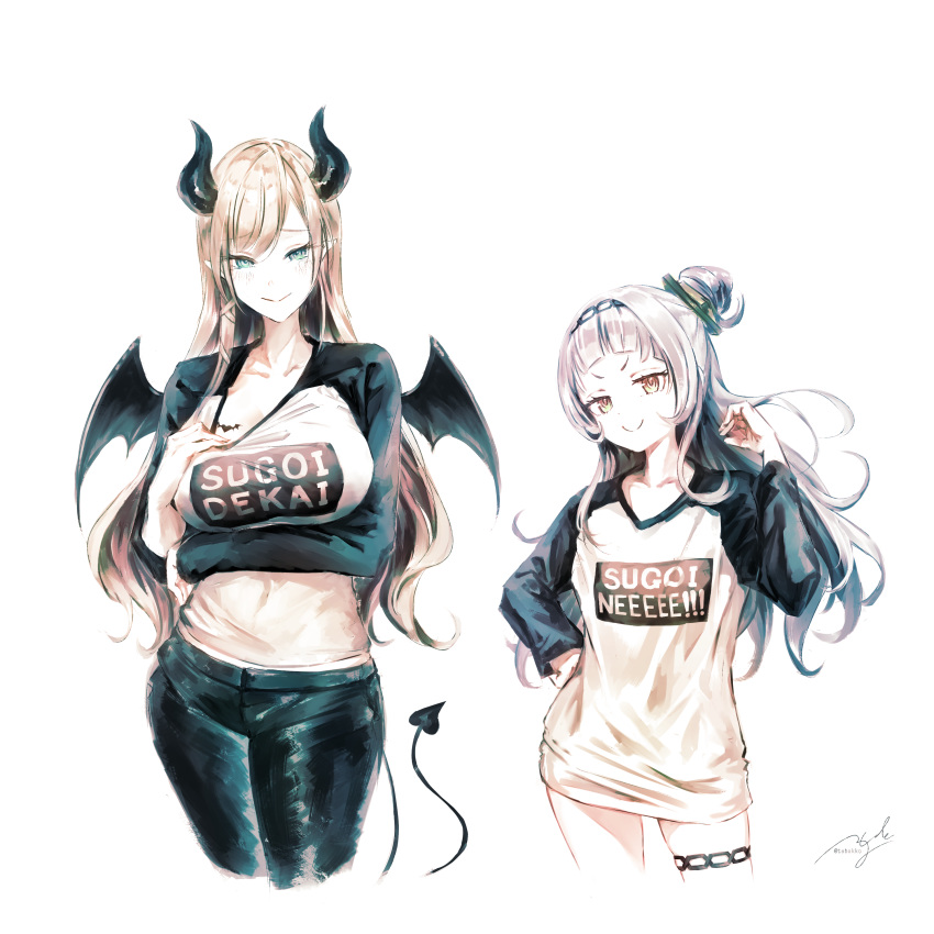 2girls absurdres bangs blonde_hair blue_eyes blunt_bangs breasts cleavage clothes_writing collarbone demon_girl demon_horns demon_tail demon_wings eyebrows_visible_through_hair hair_bun highres hololive horns large_breasts long_hair looking_at_viewer mr.holmes multiple_girls murasaki_shion pants pointy_ears romaji_text silver_hair simple_background smile standing sugoi_dekai tail tattoo virtual_youtuber white_background wings yuzuki_choco