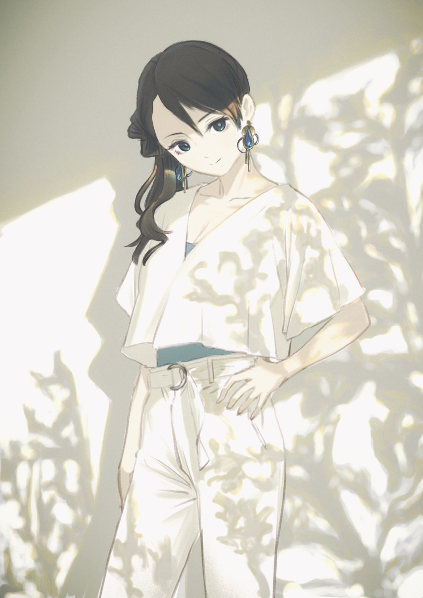 1girl belt blouse blue_eyes blue_shirt brown_hair collarbone deg_(deguana) earrings hand_on_hip highres idolmaster idolmaster_cinderella_girls jewelry long_hair nishikawa_honami pants shirt side_ponytail smile solo tied_hair white_blouse white_pants