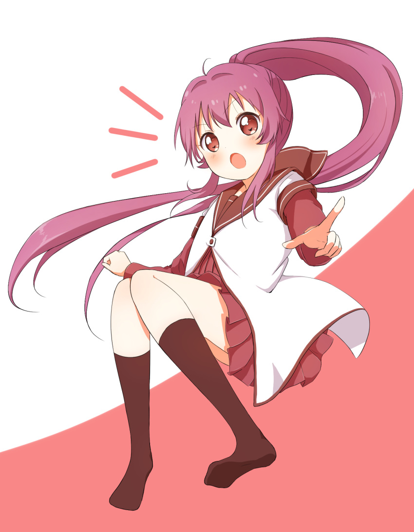 1girl :o bangs black_legwear blush brown_sailor_collar commentary_request dress eyebrows_visible_through_hair floating_hair full_body highres index_finger_raised kneehighs long_hair long_sleeves minatsuki_hitoka nanamori_school_uniform no_shoes notice_lines open_mouth pleated_dress purple_eyes purple_hair red_background red_dress sailor_collar sailor_dress school_uniform serafuku short_over_long_sleeves short_sleeves solo sugiura_ayano two-tone_background very_long_hair white_background yuru_yuri