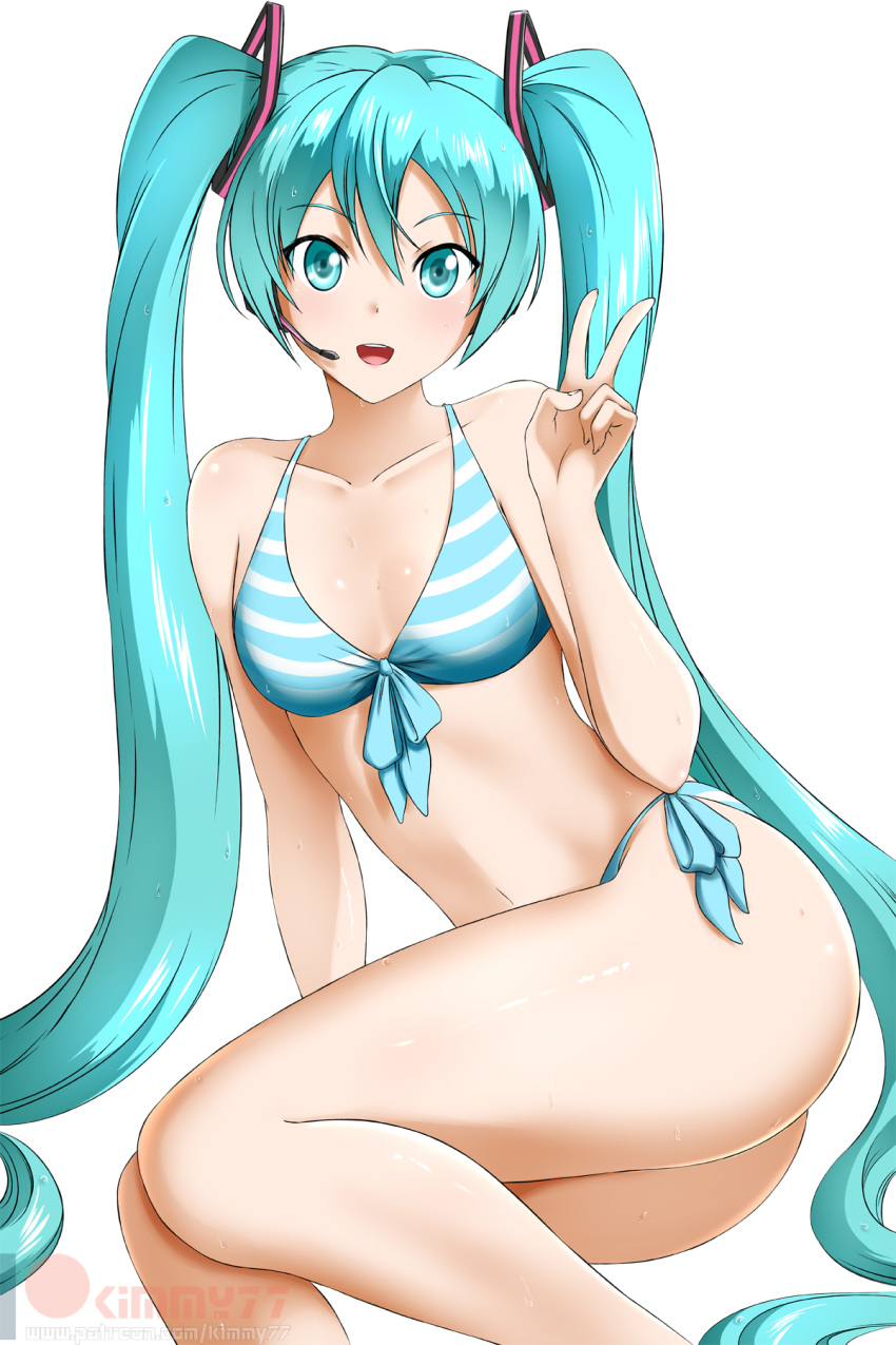 1girl :d alfred_cullado arm_support bangs banned_artist bikini blue_bikini blue_eyes blue_hair breasts cleavage collarbone eyebrows_visible_through_hair front-tie_bikini front-tie_top hair_between_eyes hair_ornament hatsune_miku headset highres long_hair microphone navel open_mouth shiny shiny_hair side-tie_bikini small_breasts smile solo striped striped_bikini swimsuit transparent_background twintails very_long_hair vocaloid watermark wet wet_hair