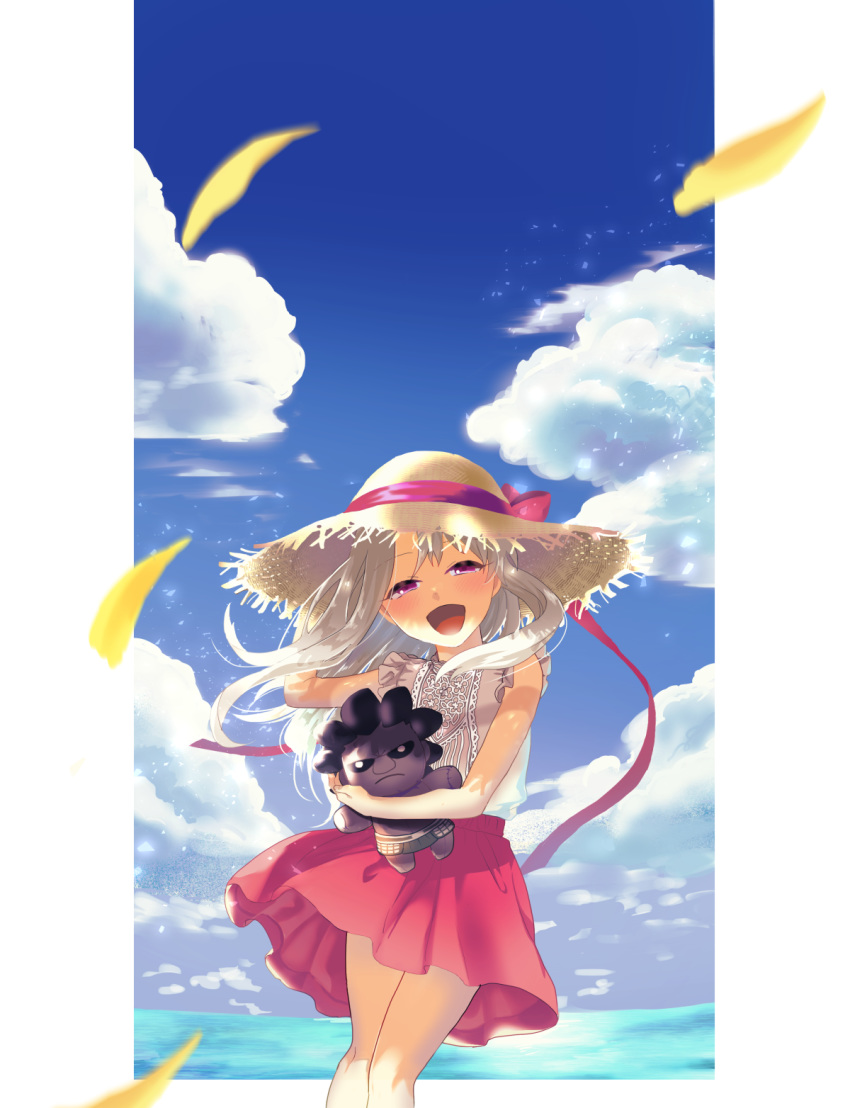 1girl :d berserker blue_sky blurry_foreground bow character_doll cloud fate/stay_night fate_(series) floating_hair half-closed_eyes hand_on_headwear hat hat_bow hat_ribbon highres illyasviel_von_einzbern long_hair looking_at_viewer miniskirt okamino open_mouth pink_eyes pleated_skirt red_bow red_ribbon red_skirt ribbon shirt silver_hair skirt sky sleeveless sleeveless_shirt smile solo standing straw_hat sun_hat very_long_hair white_shirt