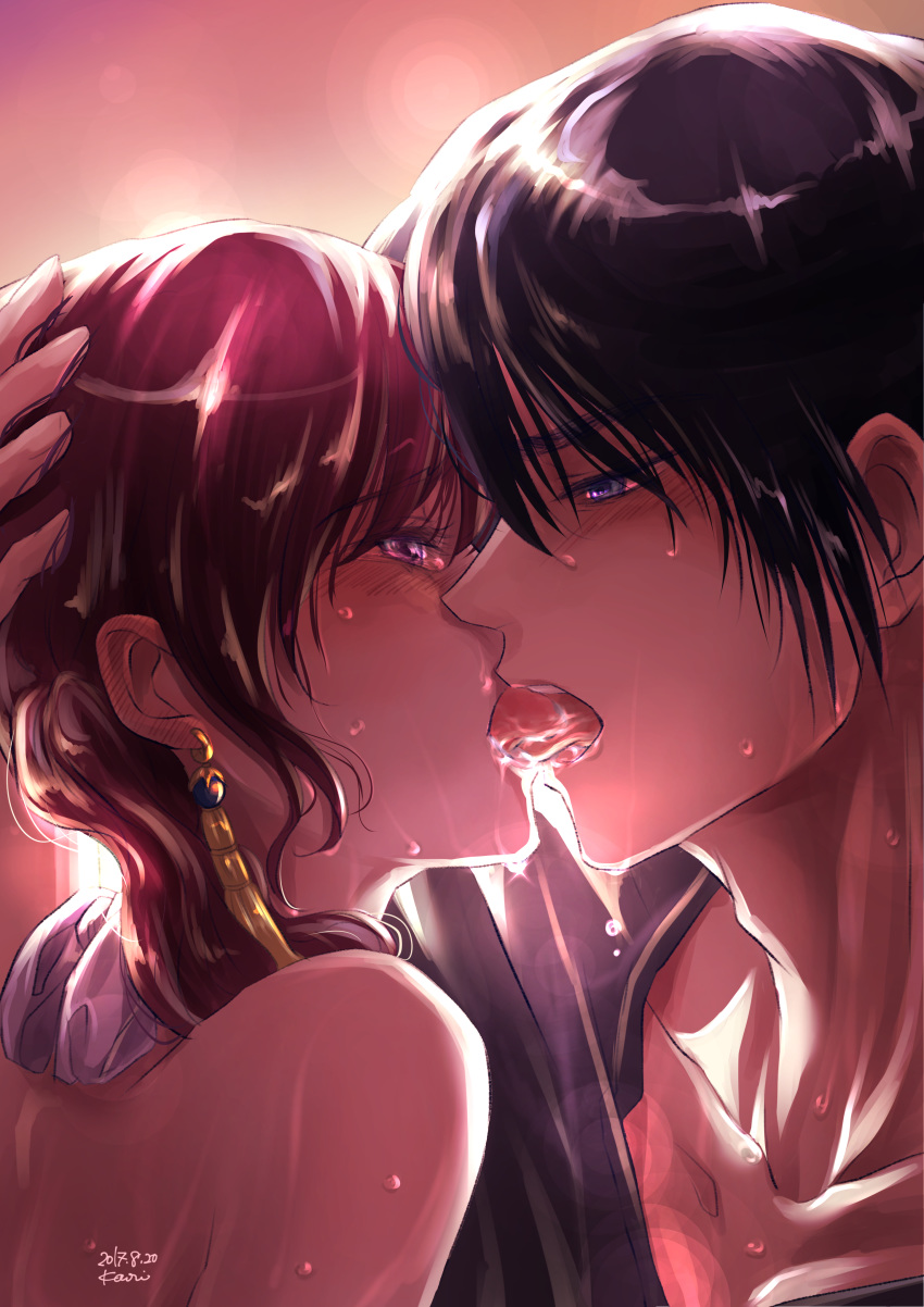 1boy 1girl absurdres akatsuki_no_yona blue_eyes cao_(cucurbita_k) collarbone couple drooling french_kiss hak_(akatsuki_no_yona) half-closed_eyes hand_on_another's_head hetero highres kiss open_mouth pink_background portrait purple_eyes sweatdrop tongue tongue_out yona_(akatsuki_no_yona)