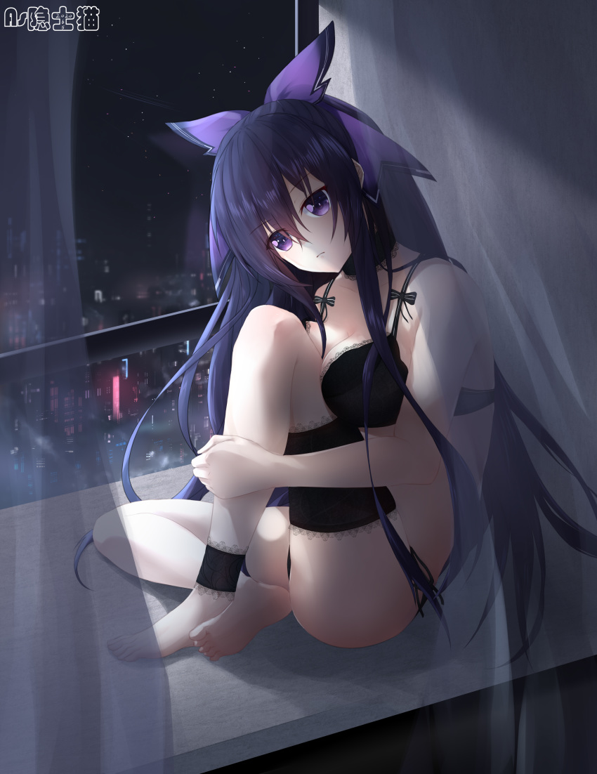 1girl absurdres ankle_cuffs as_yinshimao bangs barefoot black_bra black_choker black_panties bow bra breasts breasts_apart choker closed_mouth collarbone curtains date_a_live eyebrows_visible_through_hair full_body hair_between_eyes hair_bow head_tilt highres lingerie long_hair medium_breasts night panties purple_bow purple_eyes purple_hair shiny shiny_hair side-tie_panties sitting_in_window sky soles solo star_(sky) starry_sky underwear underwear_only very_long_hair yatogami_tooka
