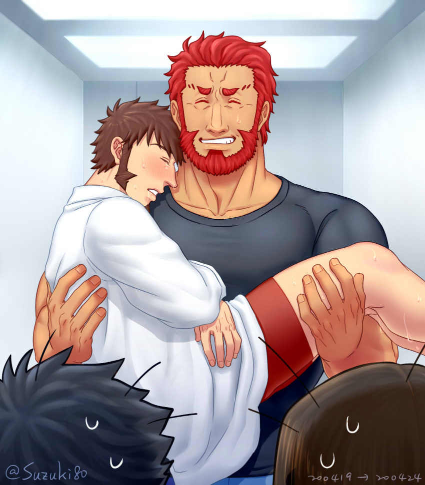 4boys after_sex alternate_costume bara beard blush brown_hair carrying chest couple facial_hair fate/grand_order fate/zero fate_(series) fujimaru_ritsuka_(male) goatee hand_on_another's_thigh highres iskandar_(fate) lord_el-melloi_ii male_focus male_underwear multiple_boys muscle napoleon_bonaparte_(fate/grand_order) pectorals red_eyes red_hair shirt sideburns sleeping sleeping_on_person suzuki80 t-shirt underwear waver_velvet