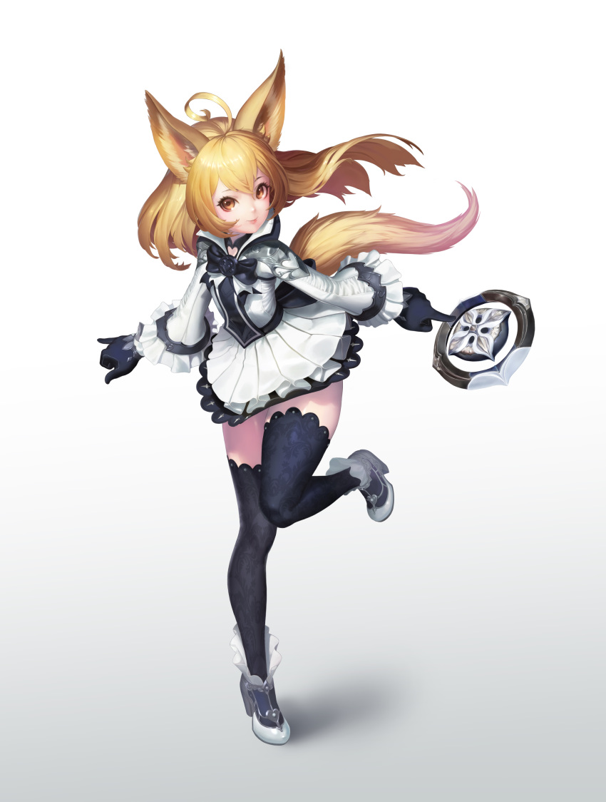 1girl absurdres ahoge animal_ears black_footwear black_gloves black_legwear blonde_hair boots botro brown_eyes dog_ears dog_tail dress elin full_body gloves high_heels highres leg_up long_hair short_dress simple_background smile solo standing standing_on_one_leg tail tera_online thighhighs thighs weapon white_background white_dress zettai_ryouiki