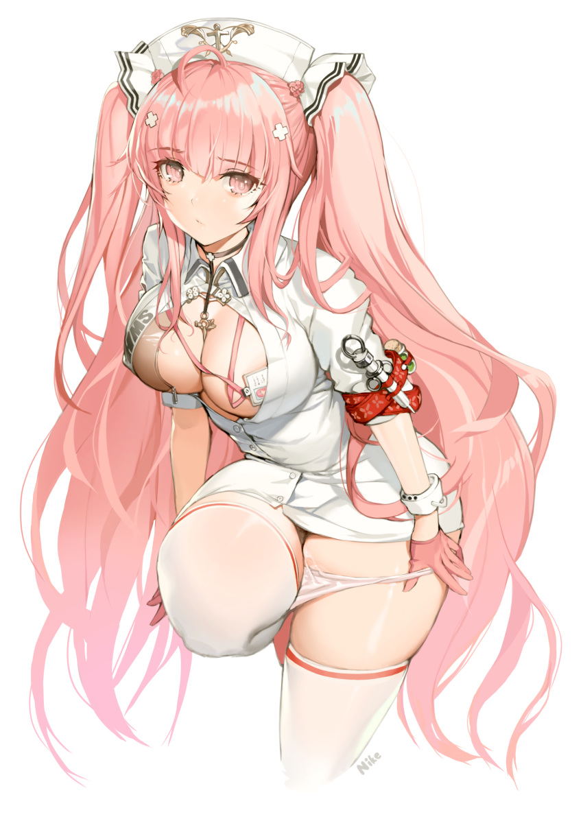 1girl absurdres azur_lane bangs blush breasts center_opening cleavage cum cum_in_clothes cum_in_panties cum_in_pussy dress eyebrows_visible_through_hair gloves hair_ornament half_gloves hat highres id_card large_breasts leg_up long_hair looking_at_viewer nike1060 nurse nurse_cap panties panty_pull perseus_(azur_lane) perseus_(nursery_service_time)_(azur_lane) pink_eyes pink_gloves pink_hair solo thighhighs thighs twintails underwear undressing very_long_hair white_headwear white_legwear