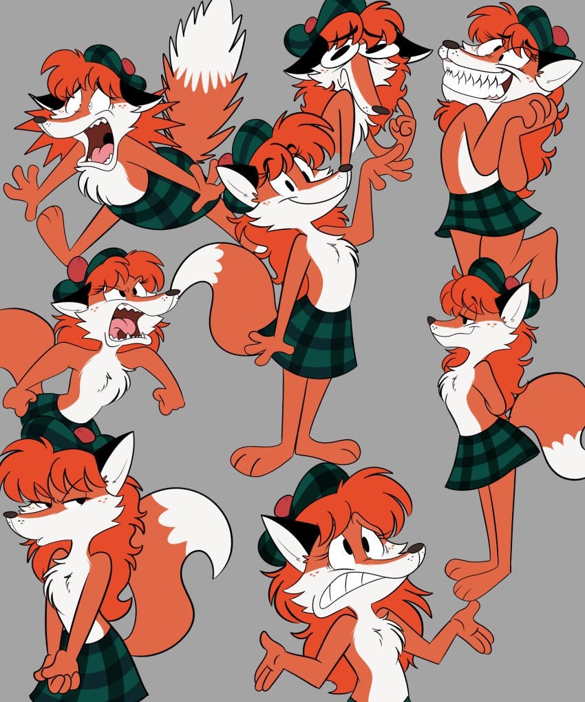 2020 angry anthro balmoral_bonnet big_teeth canid canine clenched_teeth clothing crazy_eyes expression_sheet expressions facial_expressions female fox grin hair happy hat headgear headwear hi_res insane kabula_(artist) kilt mammal red_fox red_hair sad scottish shocked shrug smile solo teeth toony tuft yelling