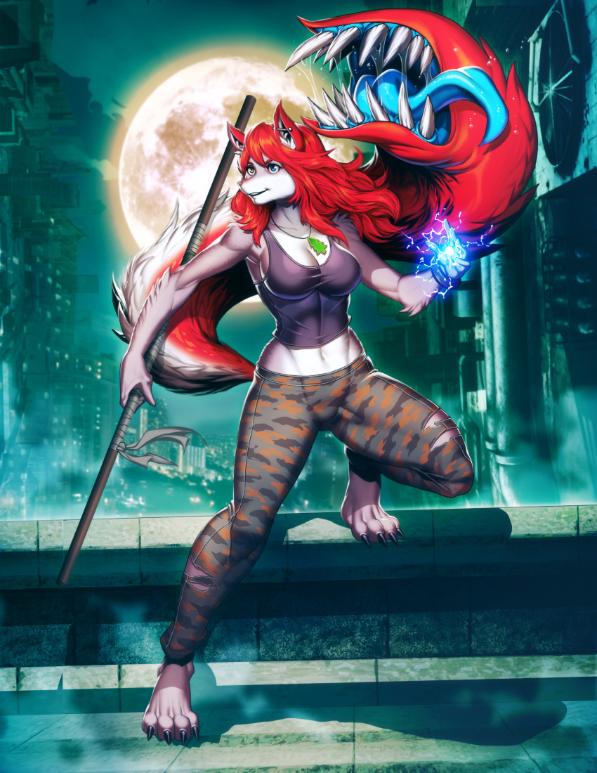 absurd_res anthro canid canine canis city city_background cityscape darkflamewolf ear_piercing electricity female full_moon fur genzoman hair heterochromia hi_res inner_ear_fluff jewelry light mammal moon moonlight necklace piercing powers quarterstaff red_body red_fur red_hair solo superhero superpowers tail_maw tail_mouth taylor_renee_wolford_(darkflamewolf) teeth teeth_bared teeth_showing tongue tongue_out tuft wolf